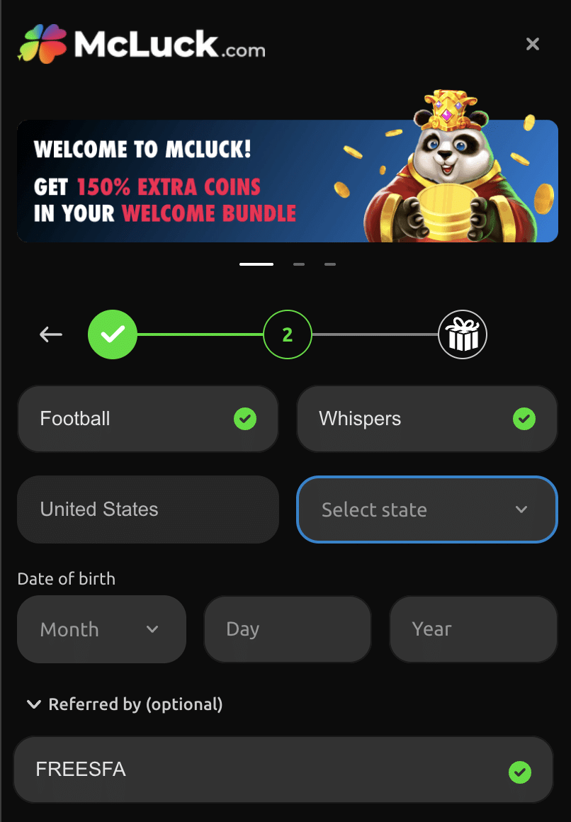 McLuck sign up process and referral code field